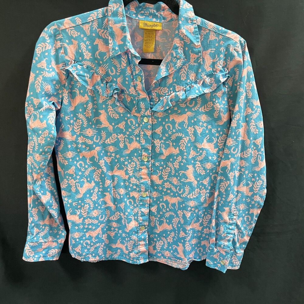 Wrangler Girls Western Shirt Blue Pink Horses Size Youth XL